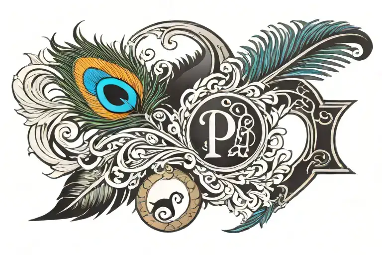 Peacock Feather Tattoo With P D R Letter