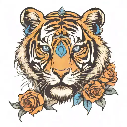 Tiger With A Crown And Blue Eyes And Rosses Wrapped Around