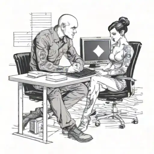 A Skinhead Software Developer Coding In His Computer And A Sexy Girl Sitting With Him In The Desk