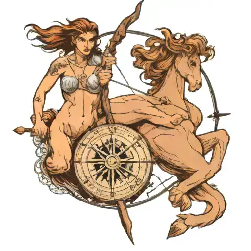 Female Centaur Shirtless Shooting Bow And Arrow With Large Compass Behind