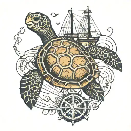 Sea Turtle In Front Of Anchor And Cannons