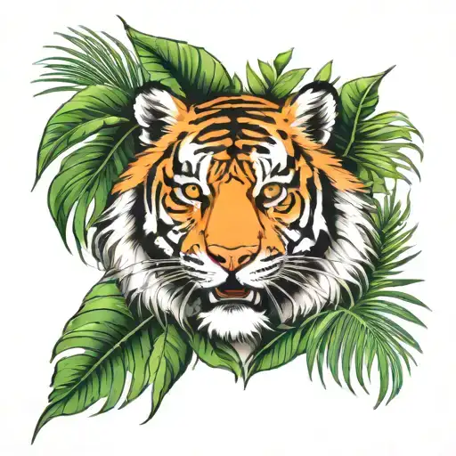 Full Tiger Surrounded By Palm Leafs