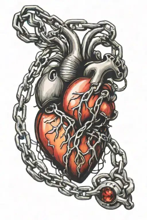 A Realistic Heart Traditional Tattoo Attached To A Chain But The Chain Is Broken