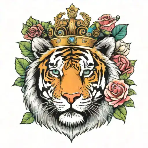 A Big Crown A Tiger With Blue Eyes Wrapped Around With Rosses And Angeles