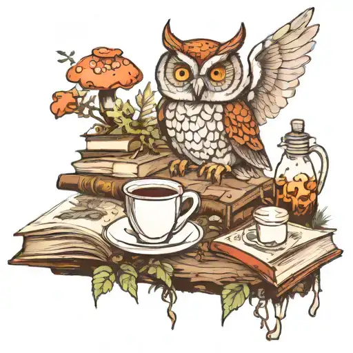 Fairies Books Mushrooms Forest Table With Bottles Candles Steaming Cup Of Tea And And An Owl
