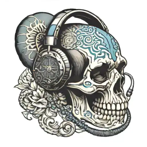 Human Skull Wearing Headphones With An Elephant Tattooed On Its Forehead