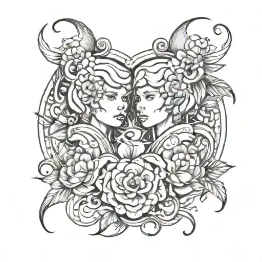 Gemini Tattoo With Flowers And Abstraction Elements