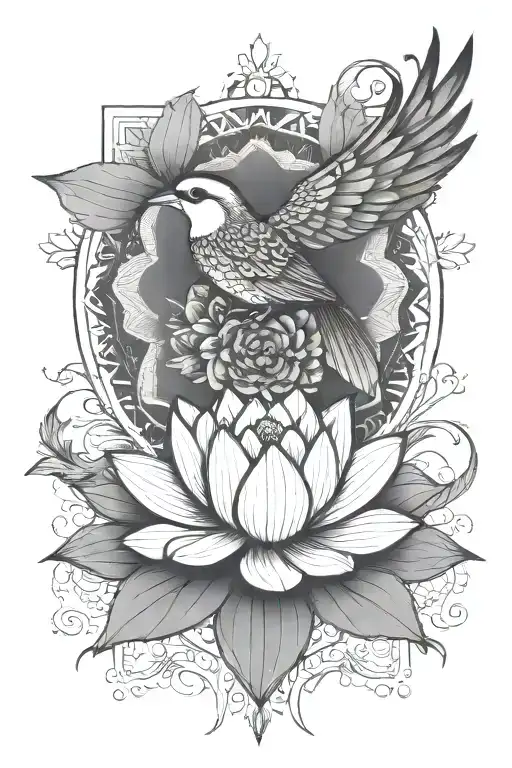 A Lotus And Mandala With A Bird Sitting