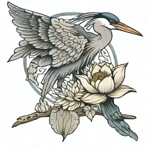 Heron And Lotus Flower