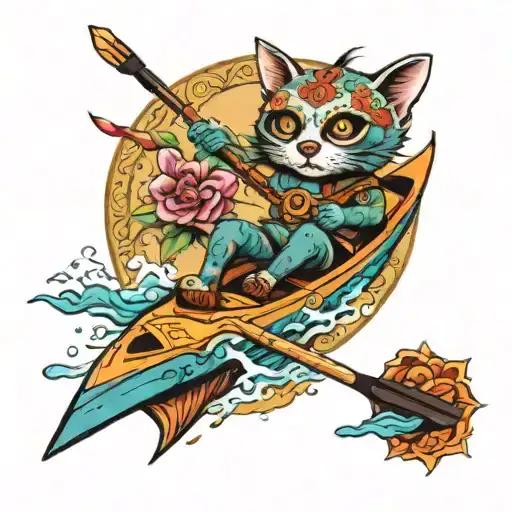 A Neotraditional Tattoo Of A Cat Riding In A Kayak With Sugar Skull Patterns In The Background