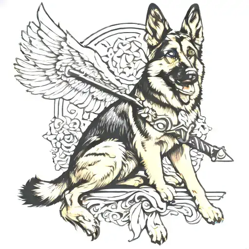 German Shepherd And Angel Holding A Sword