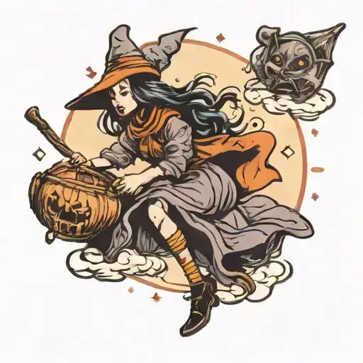 Cute Witch Flying On A Broomstick