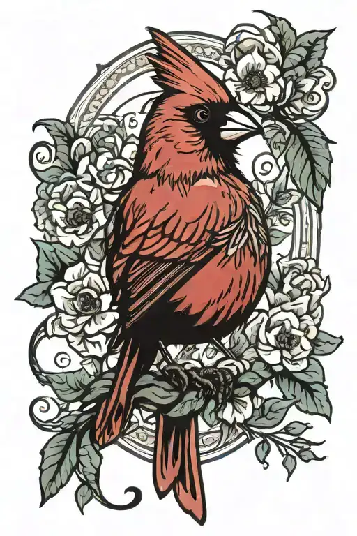 Cardinal Bird With Flowers