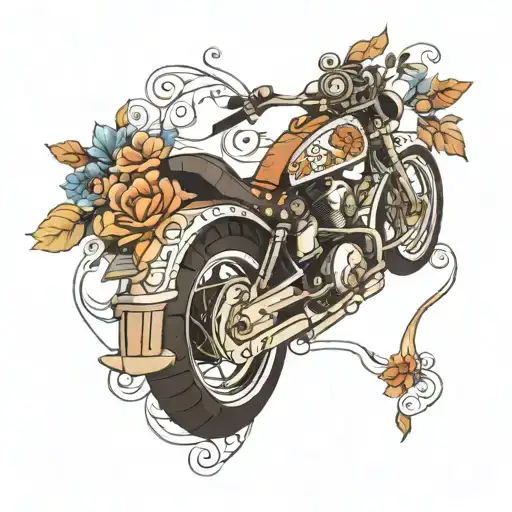 A Neotraditional Tattoo Of A Motorcycle With Intricate Floral And Geometric Patterns Intertwined