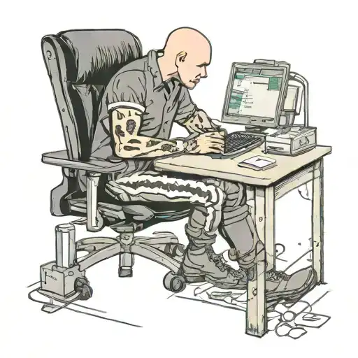 A Skinhead Software Developer With Boots Coding In His Computer In His Desk