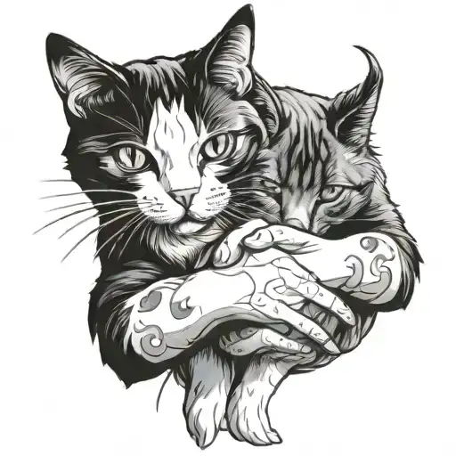 Black And White Cat Hugs A Person's Hand