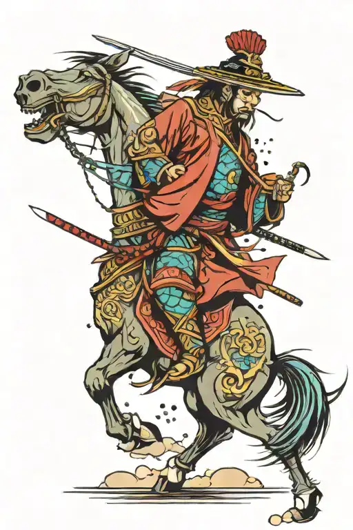 Colored Samurai With Horse Running