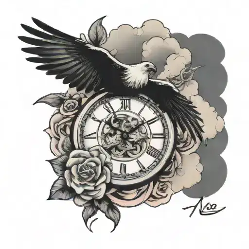 Flying Birds In Cloud And Rose Tattoo With Clock Hands Pointing