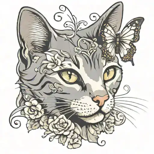Grey Cat With White Spot In The Middle Of The Face And With Butterflies