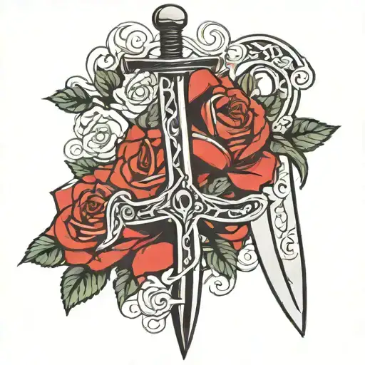 Black Dagger Stabbing Through Roses Intertwined