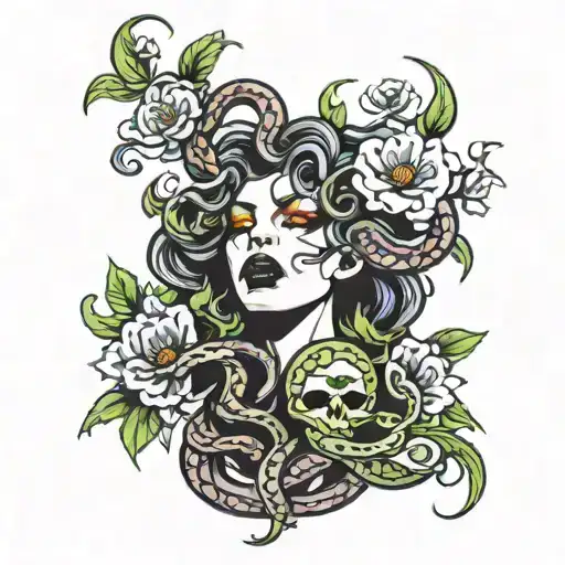 Crying Medusa With Snakes And Flowers Intertwined