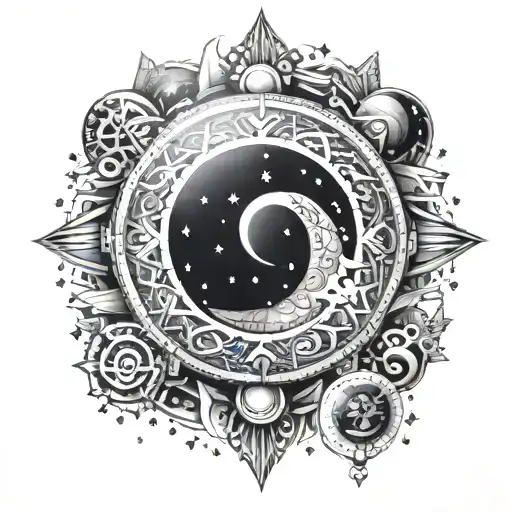 Aztec Calendar And A Moon With A Galaxy Filled With Stars