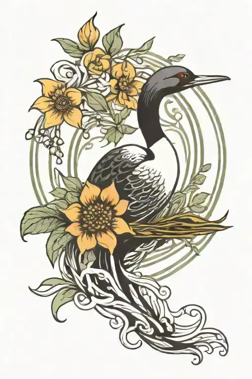 Art Neuveau Floral Frame Around A Common Loon