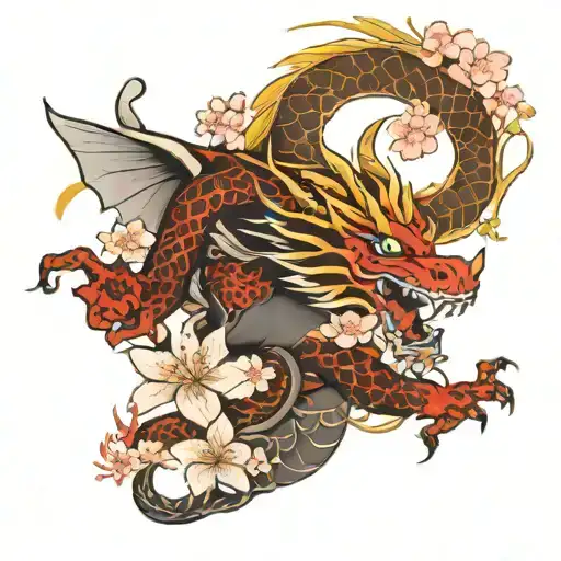 Full Arm Sleeve With Dragon And Ox And Cherry Blossom