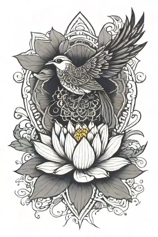 A Lotus And Mandala With A Bird Sitting