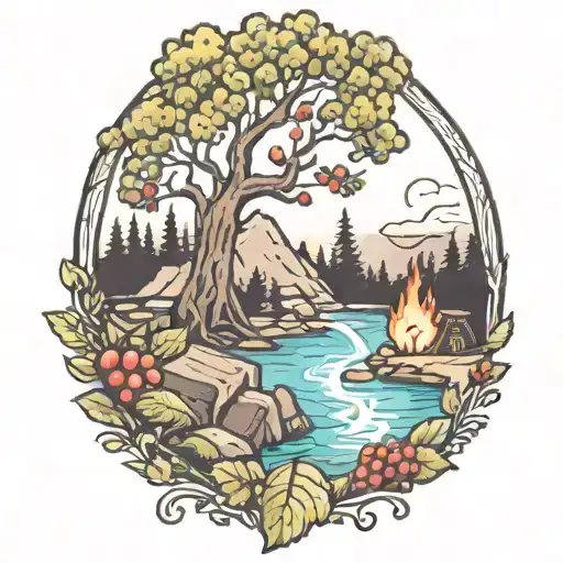 A River With A Campfire And A Berry Tree Beside It Waterfalls Down The Front