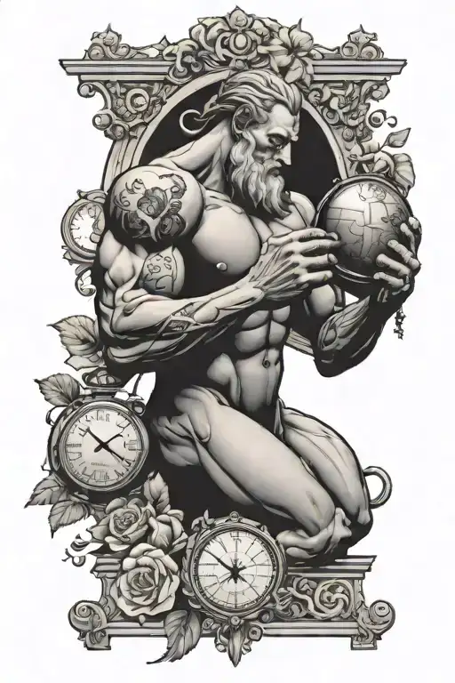 Atlas Holding The World On 4 Pillars With A Stop Watch With Flowers