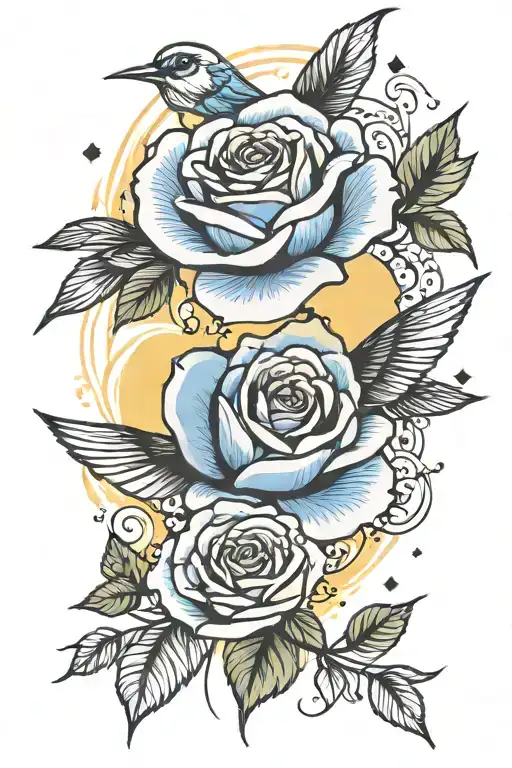Blue And Yellow Rose With Black And White Birds Flying