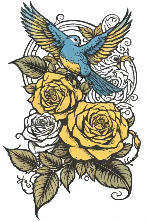 Blue And Yellow Rose With Black And White Birds Flying