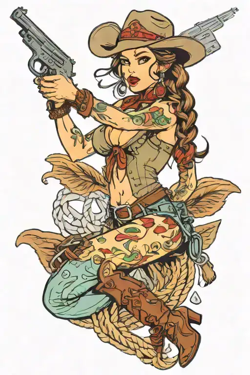 Pinup Cowgirl With Braids And Pistols In Color
