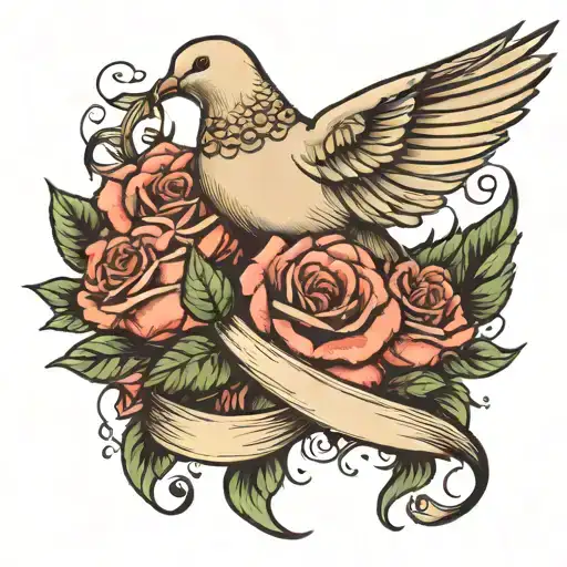 A Dove Carrying Roses With A Ribbon