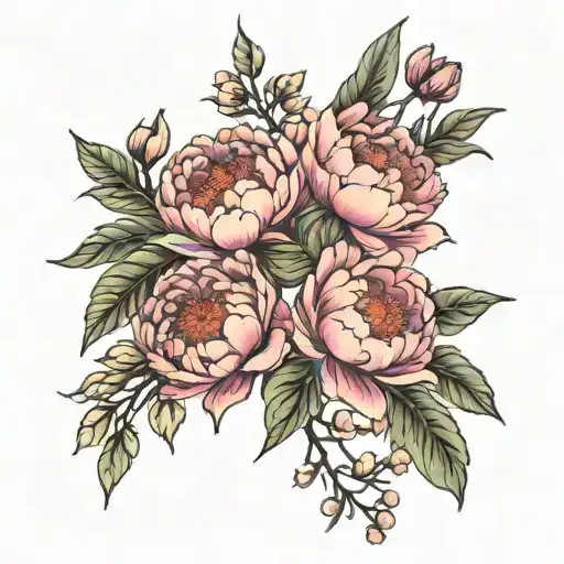Peony On Branch With 3 Flowers Of Different Sizes