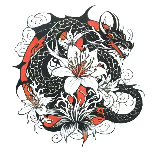 The Dragon With Clouds Is Black And Red Spider Lily