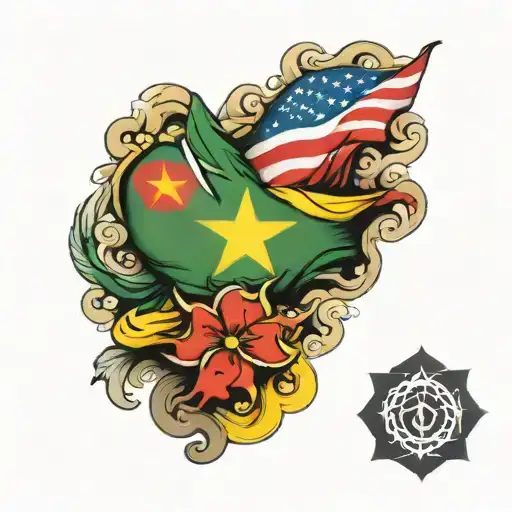 Combination Of A Chinese Flag Mixed With A Jamaican Flag And Both Cultures In A Sleeve