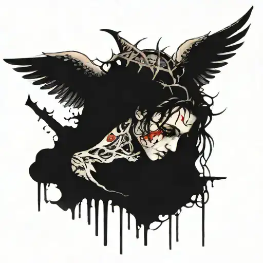Angel In Pain With A Crown Of Thorns As It's Wings Are Decaying