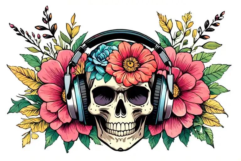Flower Skull Wearing Headphones