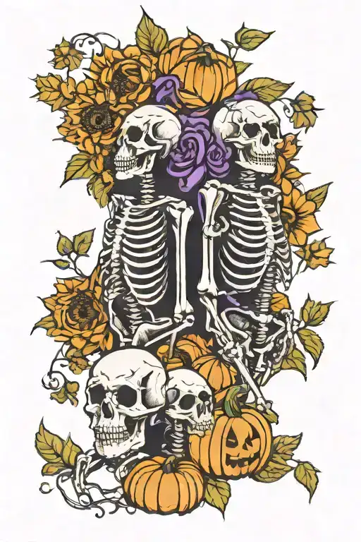 Sunflowers And Pumpkins Skeletons Orange Black Purple