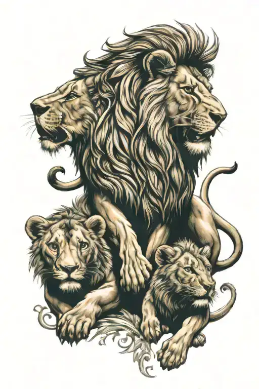 A Brave Male Lion Defending His Two Cubs