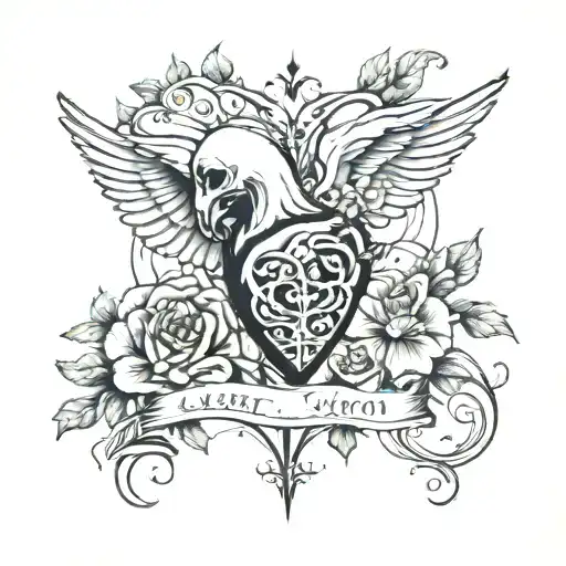 Heart Beat Line With Death Date And Birthday Year And Lotse Flower With Dove