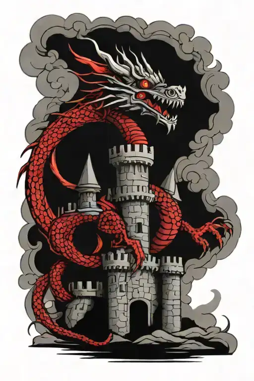 Red And Black Dragon On A Castle Surrounded