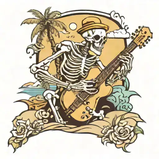 Skeleton Playing Guitar On Beach Scene