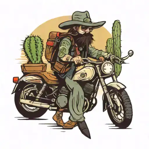 Bandit On A Motorcycle In The Backlands With A Cactus With A Face