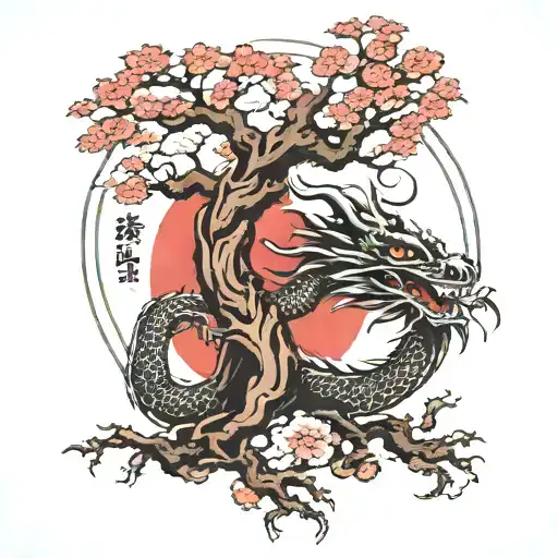 Dragon Surrounding Japanese Tree With Japanese Characters