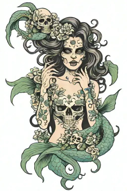 Skull Mermaid Flowers Medusa Holding The Head