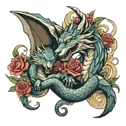 Dragon And Wolf Protecting Cubs Intertwined With Roses
