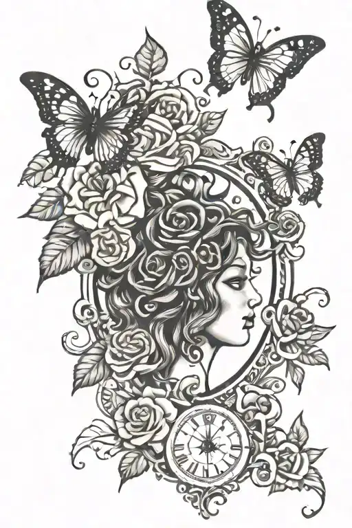 Medusa And Rose Branches And Clocks And Butterfly's